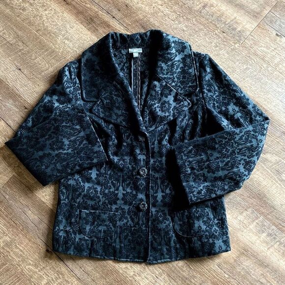 J. Jill Blazer Jacket Black Brocade 12 Petite Classy Minimalist - Picture 3 of 10